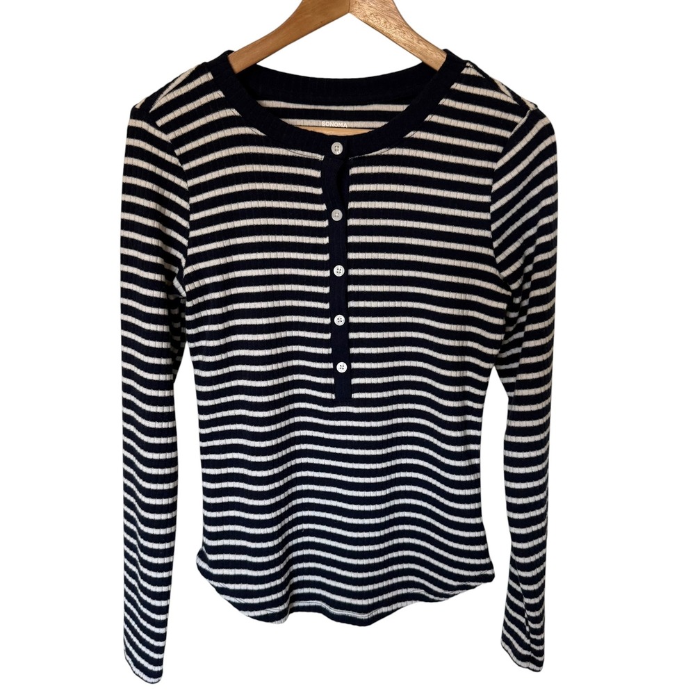 Sonoma Henley Top Womens Small Navy White Striped Excellent Ribbed Long Sleeve